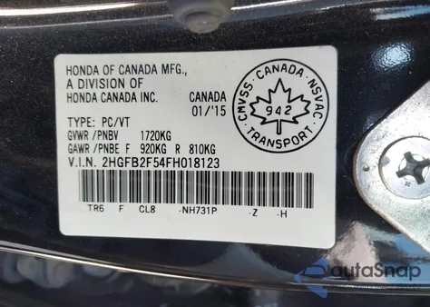 2015 Honda Civic Lx from USA, damaged, VIN 2HGFB2F54FH018123